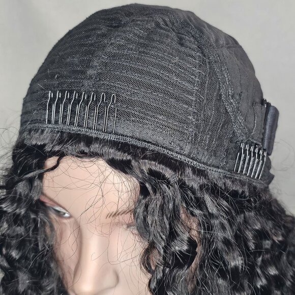 OQ Water Wave Human Hair 18" Curly Half Wig 180% Density Glueless 3 in 1 Black - Picture 6 of 9